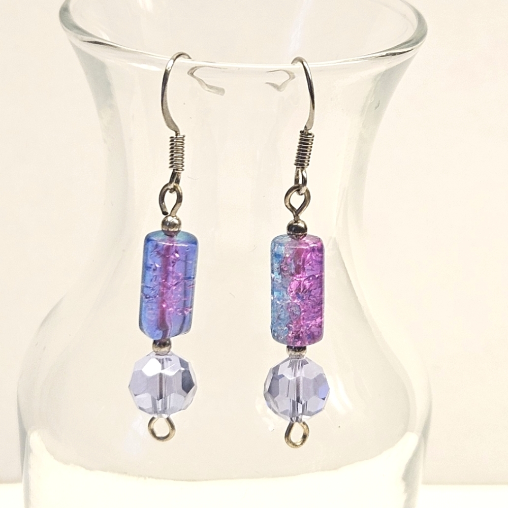 Blue and Pink Crackled Glass Beaded Earrings